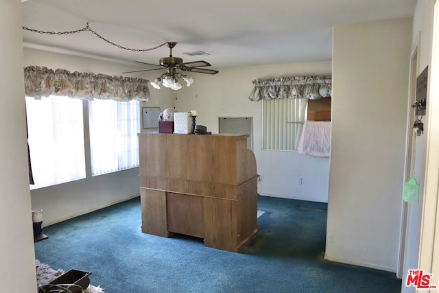 bedroom featuring dark colored carpet