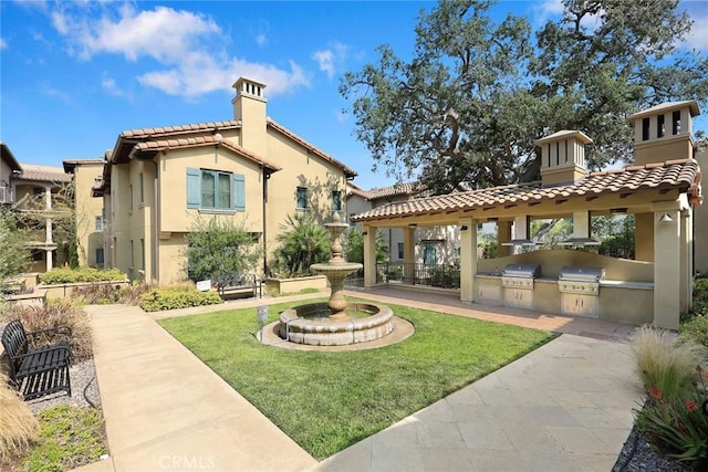 back of property featuring a yard and an outdoor kitchen