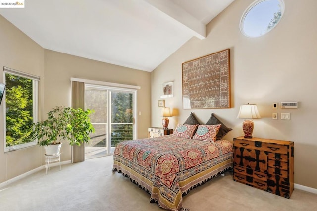 bedroom featuring vaulted ceiling with beams, carpet, and access to exterior