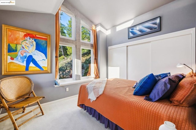 bedroom featuring lofted ceiling, a closet, and carpet floors