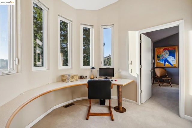 home office with light colored carpet