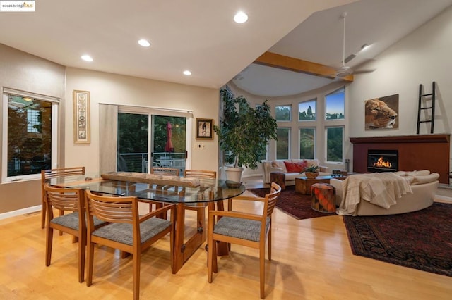 dining space with ceiling fan and light hardwood / wood-style flooring