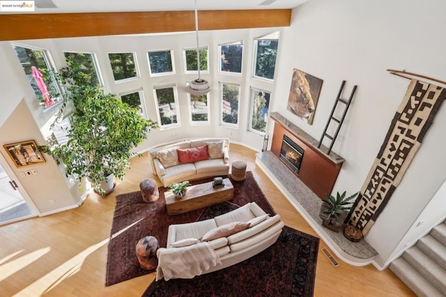 living room with beamed ceiling, a high end fireplace, light hardwood / wood-style floors, and a wealth of natural light