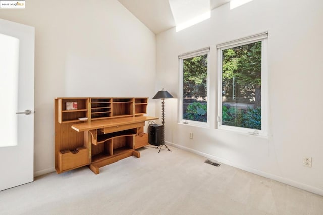 miscellaneous room featuring lofted ceiling and carpet flooring