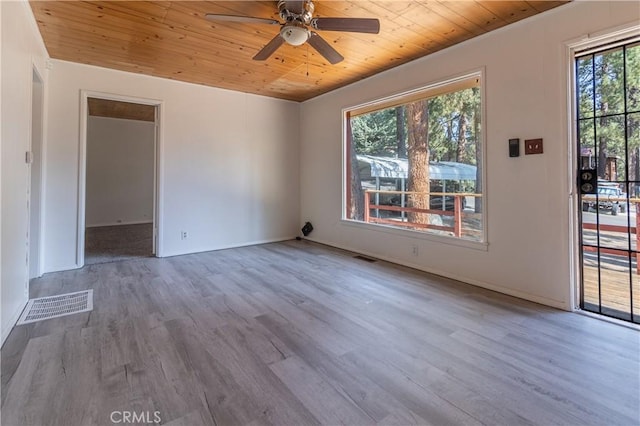 unfurnished room featuring ceiling fan, wooden ceiling, light hardwood / wood-style flooring, and plenty of natural light