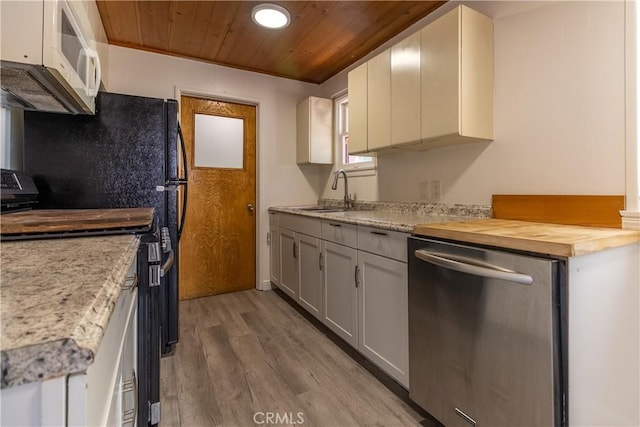 kitchen with white cabinets, dishwasher, wood ceiling, electric stove, and sink