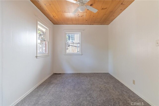 empty room featuring ceiling fan, wood ceiling, and carpet flooring