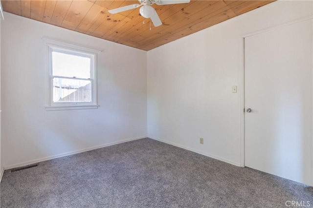 empty room featuring carpet floors, ceiling fan, and wooden ceiling