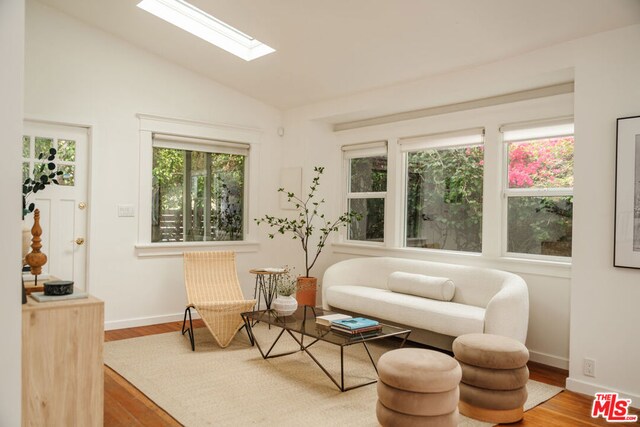 living area with wood-type flooring and lofted ceiling with skylight