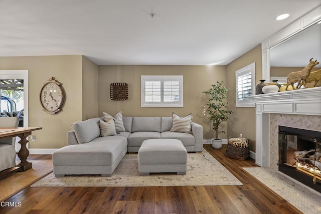 living room featuring wood-type flooring and a high end fireplace