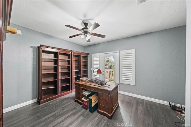 office area with ceiling fan and dark wood-type flooring