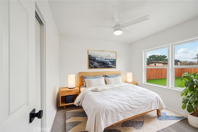 bedroom featuring ceiling fan, carpet, and a closet