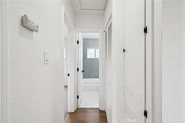 hallway with dark wood-type flooring