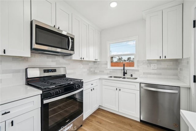 kitchen featuring tasteful backsplash, sink, stainless steel appliances, and white cabinetry