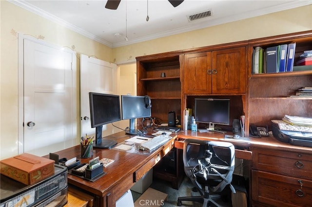 office space featuring ceiling fan and crown molding