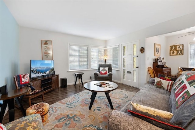 living room featuring ceiling fan and hardwood / wood-style floors