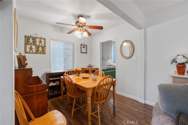 dining area with dark wood-type flooring and ceiling fan