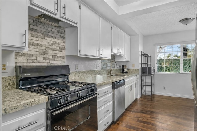 kitchen with white cabinetry, black gas range oven, dark hardwood / wood-style flooring, sink, and stainless steel dishwasher