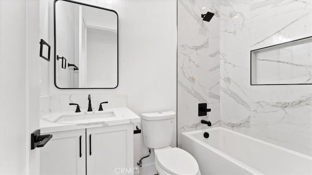 full bathroom with tiled shower / bath combo, vanity, and toilet