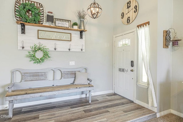 entryway featuring plenty of natural light, wood-type flooring, and a notable chandelier