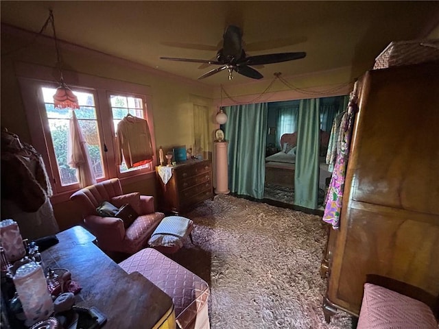 misc room featuring ceiling fan and carpet flooring