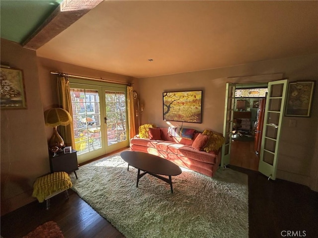 living room with dark hardwood / wood-style flooring and french doors