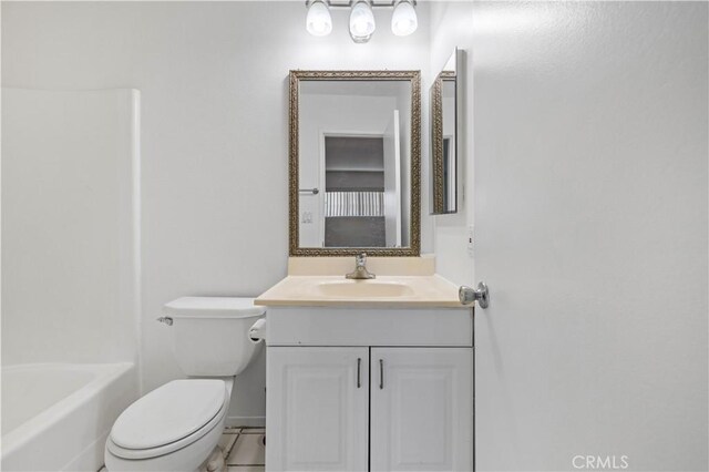 full bathroom with toilet, bathtub / shower combination, and vanity