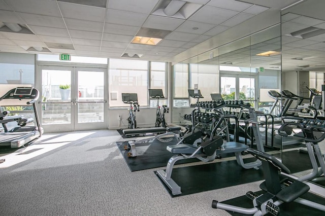 exercise room with french doors, plenty of natural light, and a drop ceiling