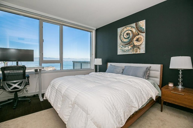 bedroom featuring a water view