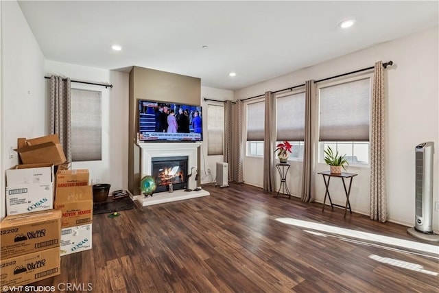 interior space with dark wood-type flooring and heating unit