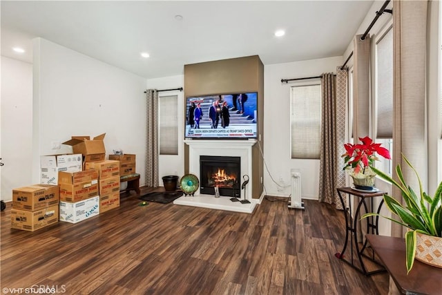 living room featuring radiator and dark hardwood / wood-style flooring