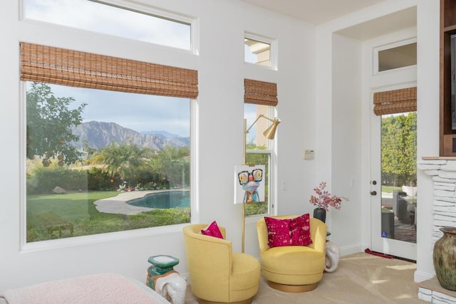 doorway with carpet and a mountain view