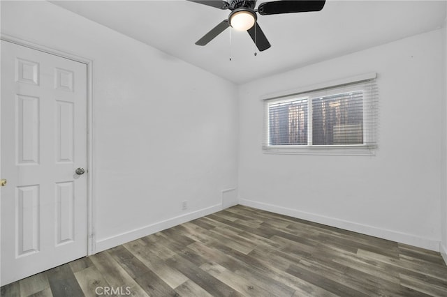 empty room featuring ceiling fan and dark wood-type flooring