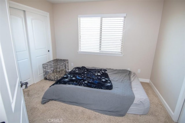 carpeted bedroom with a closet