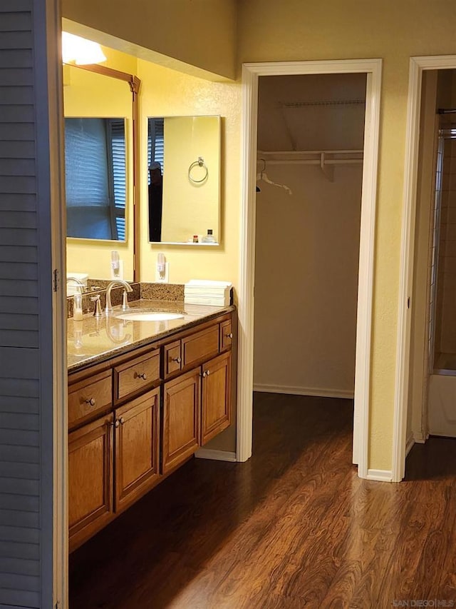 bathroom featuring vanity and wood-type flooring