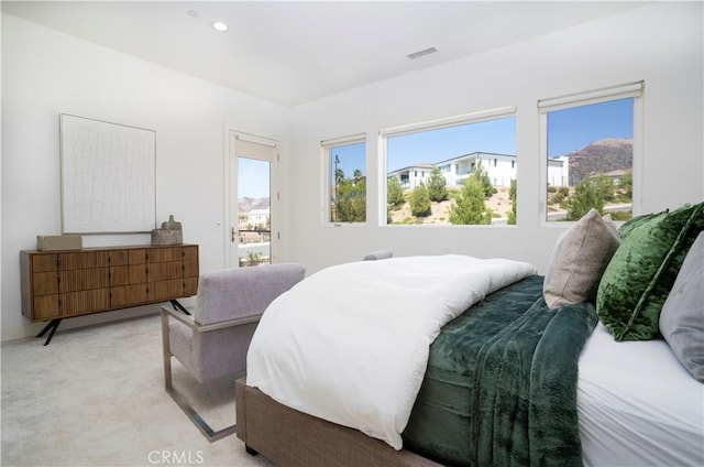 bedroom featuring light carpet and multiple windows