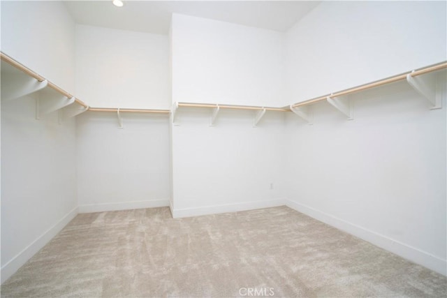 walk in closet featuring light colored carpet