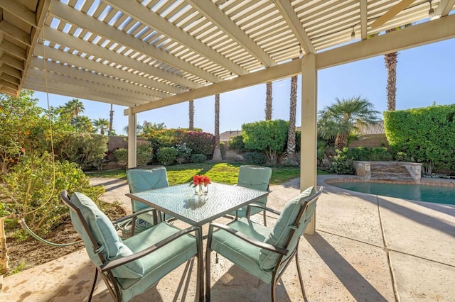 view of patio / terrace featuring a pergola, pool water feature, and a fenced in pool