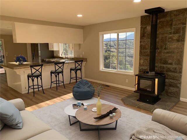 living room featuring dark wood-type flooring, a wood stove, and sink