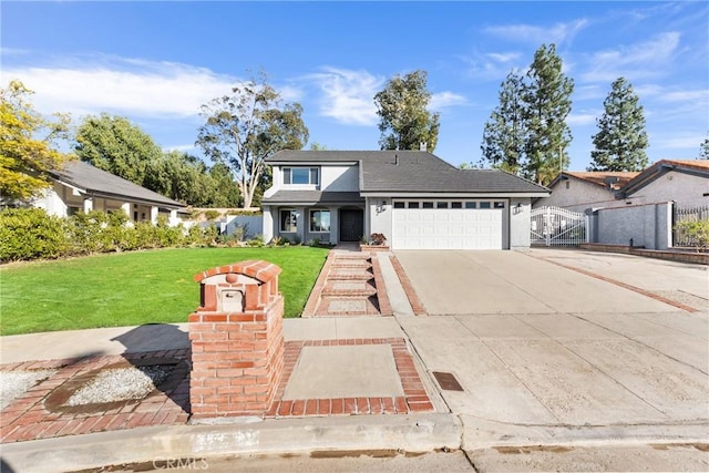 view of property with a front lawn and a garage