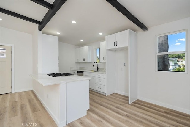 kitchen featuring white cabinetry, light hardwood / wood-style flooring, kitchen peninsula, and beamed ceiling