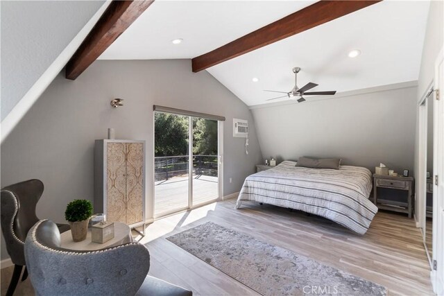 bedroom featuring ceiling fan, access to exterior, a wall mounted AC, lofted ceiling with beams, and light wood-type flooring