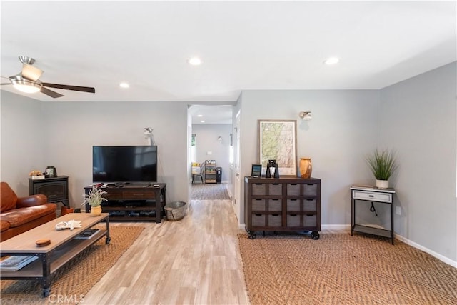 living room with ceiling fan and wood-type flooring