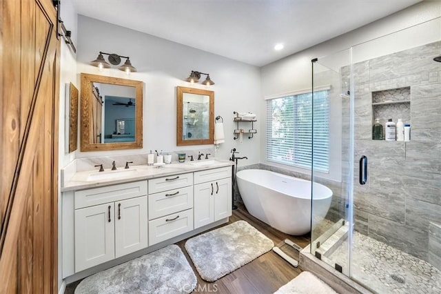 bathroom featuring vanity and plus walk in shower