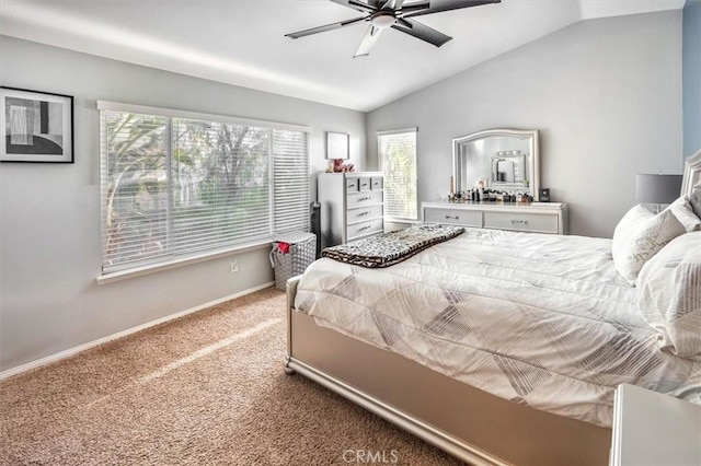 carpeted bedroom with lofted ceiling and ceiling fan