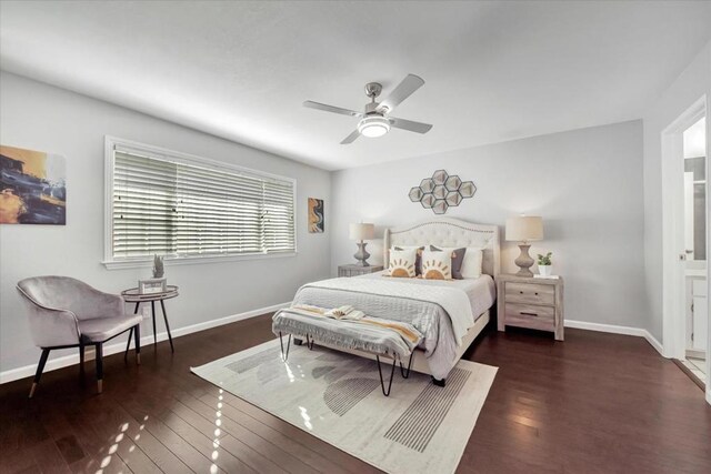 bedroom featuring ceiling fan and dark wood-type flooring