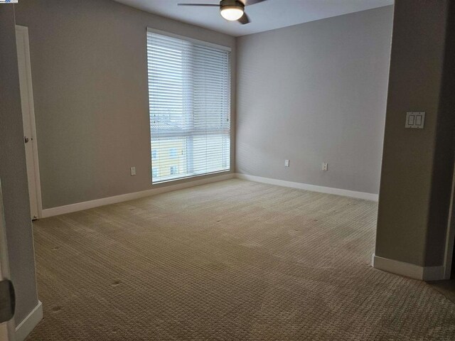 spare room with ceiling fan, plenty of natural light, and carpet floors