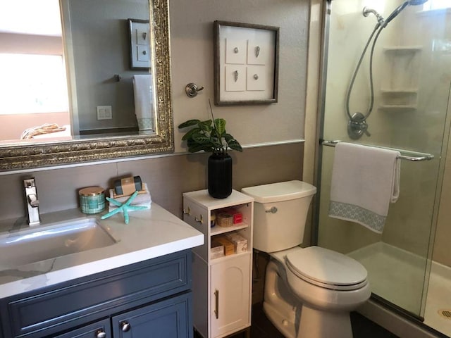 bathroom with toilet, walk in shower, and vanity