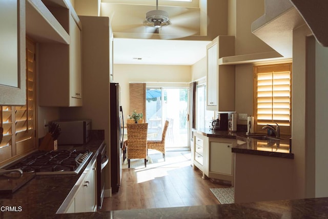 kitchen featuring sink, light hardwood / wood-style flooring, ceiling fan, appliances with stainless steel finishes, and white cabinetry