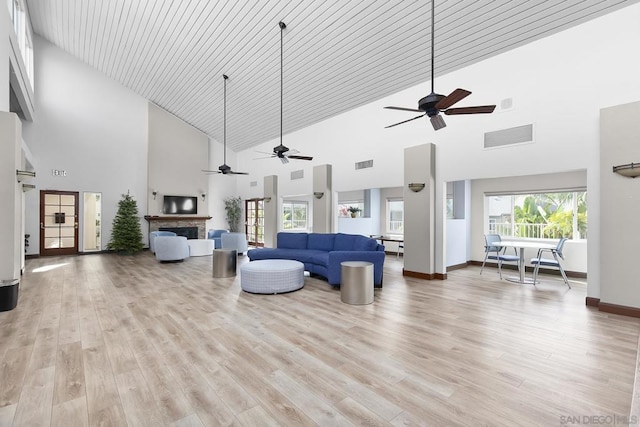 living room with a high ceiling and light wood-type flooring